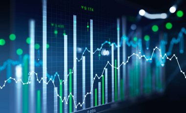 Finansal tablolar ve yükselen grafikler, borsa davranışlarını gösteren çizgiler, sayılar ve bar diyagramları. Başarılı ticaret kavramı. Koyu mavi arka plan. 3d oluşturma