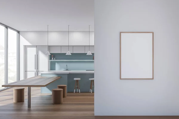 Minimalistische Eetkamer Interieur Met Barstoelen Blauwe Witte Keuken Set Tafel — Stockfoto