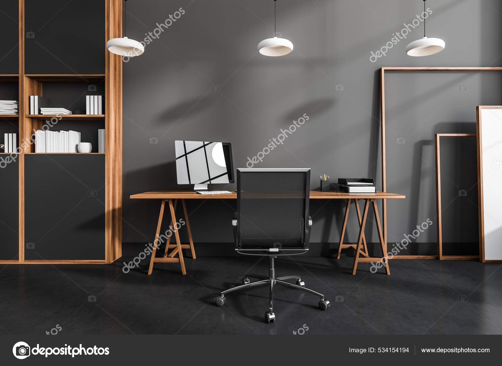 Dark Grey Bright Wood Home Office Interior Design Lamps Desk Stock