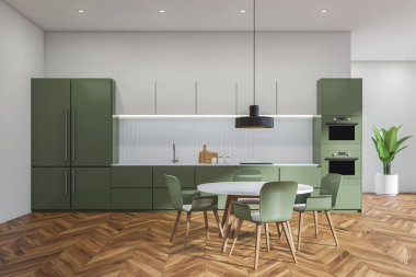 Açık mutfak seti yuvarlak masa ve dört yeşil sandalyeli lamba, parke üzerine bitki. Modern mobilyalarla minimalist iç mekan, güvertede mutfak gereçleri ve buzdolabı ile fırın, 3D görüntüleme