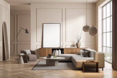 Kanepe ve sehpası olan bir oda, lambalı bir koltuk. Ayna ve ahşap klozet dekorasyonlu, kırsal pencereli, parke döşemeli. Boş tuval, duvarda maket yap, 3 boyutlu görüntüleme