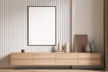 Sanat odası içi ahşap komodinli kitaplar, seramik vazo ve mum parke zeminli misafir odası. Çerçeveyi beyaz duvara yapıştır, 3B görüntüleme