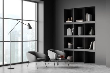 İçi gri koltuklu koyu renk misafir odası dekoratif kahve masası Singapur 'da şehir manzaralı raf ve pencere, gri beton zemin. 3B görüntüleme