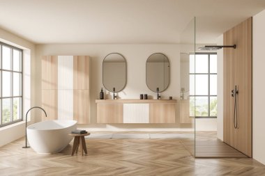 Wooden bathing room interior with tub and two sinks with mirrors, douche with glass partition, window with countryside, parquet floor. 3D rendering