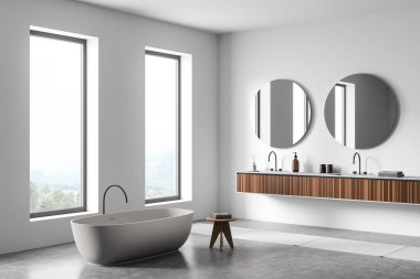 Küvet ve havlularla dolu bir banyo, iki lavabo ve ahşap güvertede aksesuarları olan yuvarlak aynalar, kırsal kesimde gri beton zemin ve pencereler, üç boyutlu görüntüleme.