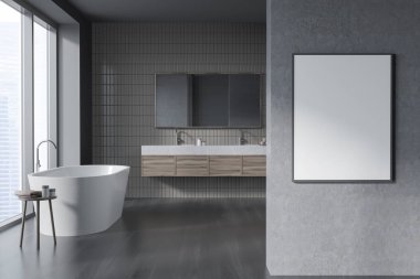 Parke üzerine küvetli gri banyo, aynalı iki lavabo ve şehir manzaralı pencere, aksesuarlı masa. Boşluk çerçevesini gri beton duvara kopyala, 3B görüntüleme