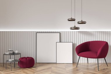 Parlak oturma odasının içinde iki boş beyaz poster, koltuk, sehpa ve meşe ağacından parke zemin var. Minimalist tasarım kavramı. Buluşma için rahat bir yer. Model yap. 3d oluşturma