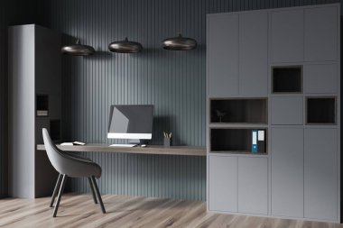 İç mimari tasarımı gri minimalist kabine, yeşil duvar panelleri, üç metalik lamba, rahat sandalye ve ahşap zemin. Modern çalışma alanı kavramı. 3d oluşturma