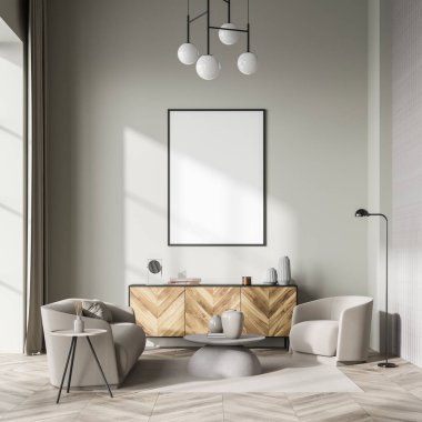 Koltukları ve sehpası olan dinlenme odası kitaplar ve dekorasyonlu ahşap tuvalet, parke döşeme ve halı. Boş tuval duvarda, 3 boyutlu görüntüleme