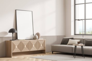 Parlak oturma odası içi boş beyaz poster, kanepe, sehpa ve meşe ağacından parke zeminli. Minimalist tasarım kavramı. Buluşma için rahat bir yer. Model yap. 3d oluşturma