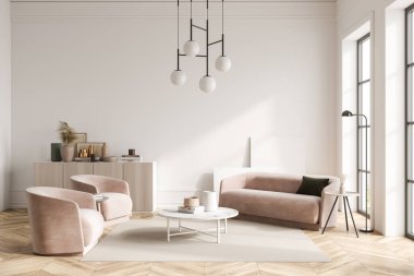 Parke zemininde iki koltuk ve kanepe olan şık bir misafir odası. Kırsal alanda dekorasyonu ve penceresi olan bir çekmece. Halılı minimalist misafir odası. 3B görüntüleme