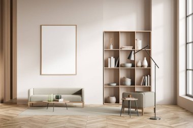 Kütüphanenin içinde koltuklar ve sehpa, kitaplarla ve dekorasyonla dolu raf, parke zeminde pencere ve halı. Boş tuval, 3 boyutlu görüntüleme