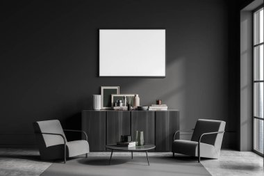 İki koltuklu, sehpalı, dekoratif tuvalet. Gri beton zeminde pencere ve halı. Boş tuval, duvarda maket yap, 3 boyutlu görüntüleme