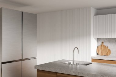 Metalik lavabo musluğu, beton masa ve yan manzaralı ahşap ahşap iç döşeme. Buzdolabı ve beyaz raflı lüks mutfak, 3 boyutlu görüntüleme