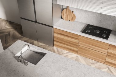 Ahşap ahşap iç döşeme, lavabo ve sobalı buzdolabı, üst manzara. Lüks mutfak, ahşap raflar, gri beton parke döşeme, 3D döşeme.