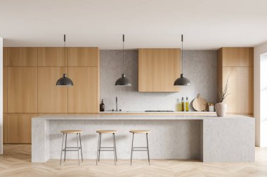 Üç bar sandalyesi ve beton masası olan şık bir yemek masası mutfak gereçleri ile lavabo, ön manzara. Parke zeminli lüks mutfak, 3D görüntüleme.