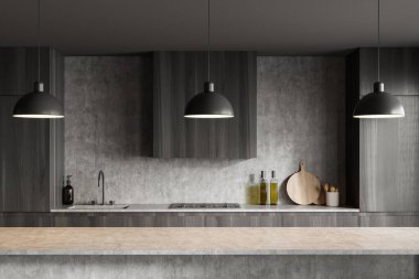 Uzun gri masa, lambalar ve mutfak gereçleri ile lavabo, ön manzara. Minimalist mobilyalı lüks mutfak, 3 boyutlu görüntüleme