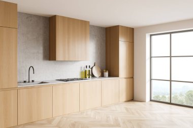 Soba, lavabo, mutfak gereçleri, yan manzara, kırsal alanda panoramik pencere. Açık parke zemin üzerinde lüks mutfak, 3 boyutlu görüntüleme