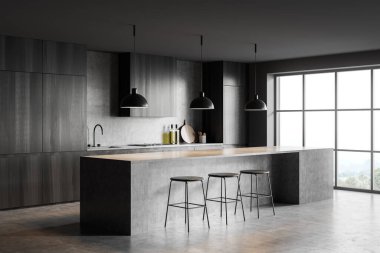 Üç bar sandalyesi, beton masa, yan görüş, kırsal alanda panoramik pencere. Minimalist mobilyalı lüks mutfak, 3 boyutlu görüntüleme