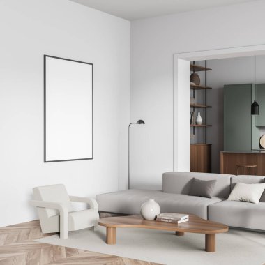 Işıl ışıl beyaz posterli bir oturma odası yastıklı, koltuklu, koltuklu, kahve masalı, bar taburesi ve rafıyla mutfaktan mutfağa uzanan rahat bir kanepe. Buluşma yeri kavramı. Model yap. 3d oluşturma