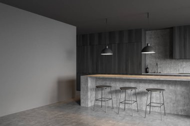 Üç bar koltuğu ve beton masa ve yan manzaralı şık bir iç mekan. Minimalist mobilyaları olan lüks bir mutfak. Boşluk boş gri duvarı kopyala, 3B görüntüleme