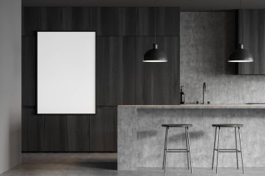 İçi siyah ahşap raflar, mutfak malzemeleri ve gri beton zeminde iki bar sandalyesi olan karanlık yemek odası. Fotoğraf çerçevesi menüsü ve tarifi, 3B oluşturma