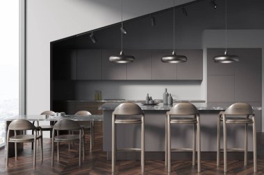 İçi koyu ahşap sandalyelerle dolu bir masa ve ocak ve bulaşıklarla dolu, ön manzara, kırsal bir pencere. Parke zeminli lüks mutfak, 3D görüntüleme.