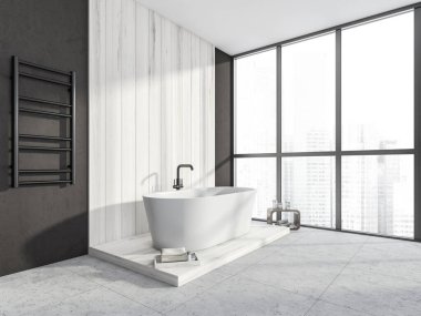Modern beyaz ve gri banyoda tahta malzemelerle dolu oval küvet. Panoramik pencere, döşeme döşemeleri ve çelik askı kullanarak otelin iç tasarımının köşesi. Minimalist bir kavram. 3d oluşturma