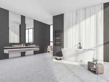 Modern beyaz ahşap ve gri banyo içi bej detaylar, oval küvet, havlu asacağı, iki lavabo, aynalar ve fayanslı zemin. Ev ve otel tasarımı kavramı. Köşe manzarası. 3d oluşturma