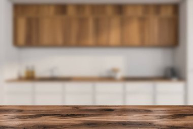 Arka planda minimalist ahşap ve beyaz mutfak dolabı olan ürün sergisi masası. Ticari sergi kavramı. - Yakın çekim. 3d oluşturma