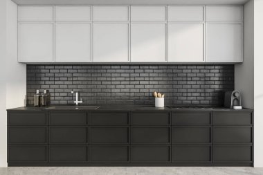 Modern endüstriyel mutfak. Siyah beyaz dolaplı. Şık çekmeceleri ve metal tuğlalı arka kaplamaları var. Modern minimalist tasarım kavramı. 3d oluşturma