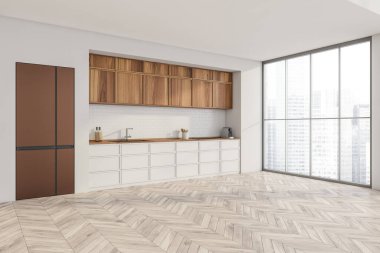 Ahşap malzemeli beyaz sanayi mutfağı, parke döşeme, bakır buzdolabı, çekmeceler ve minimalist tarzda dolaplar. Köşe manzarası. Modern iç tasarım kavramı. 3d oluşturma