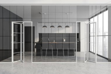 Mutfak koridoru içinde cam duvar, iki katlı kapı, beton döşeme ve arkasında kahvaltı barı olan endüstriyel modüler dolap. Modern tasarım kavramı. 3d oluşturma