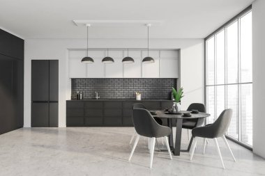 Metalik tuğla arka sıçraması, panoramik pencereler, beton zemin ve yemek alanı olan beyaz ve siyah mutfak. Minimalist konseptli endüstriyel tasarım. 3d oluşturma