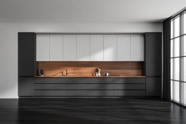 Karanlık mutfak odası içinde dolap, panoramik pencere Singapur şehir manzaralı, meşe ağacı ahşap zemin, lavabo, elektrikli ocak ve kahve makinesi. Çağdaş minimalist tasarım. 3d oluşturma