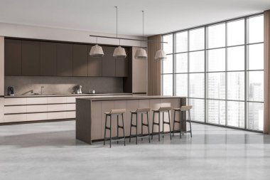 Parlak mutfak odası içinde kahverengi bar tezgahı, panoramik pencere, dört bar taburesi, beton zemin, dolap, lavabo, elektrikli ocak ve kahve makinesi var. Çağdaş minimalist tasarım. 3d oluşturma