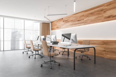 Parlak ofis odasının iç manzarası panoramik pencere, altı masaüstü, rahat koltuklar, masalar ve beton zemin. Çalışma süreci için mükemmel bir yer. Minimalist tasarım. 3d oluşturma