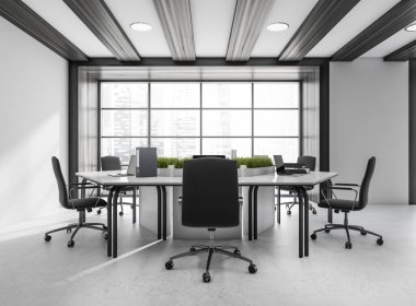Panoramik pencereli karanlık ofis odası, altı dizüstü bilgisayar, rahat koltuklar, masalar ve beton zemin. Buluşma ve çalışma için mükemmel bir yer. Minimalist tasarım. 3d oluşturma