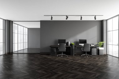 Masanın üstünde iki koltuk ve bilgisayar olan siyah çalışma odası, ön manzara, parke zemin. Bitki ve gökdelenli panoramik pencereli ofis minimalist alanı, 3D oluşturma