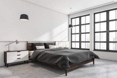 Şehir manzaralı gri ve beyaz yatak odasının köşesi, koyu ahşap mobilyalar, kolye lambaları, komodinleri ve beton zemin. Modern ev ve otel tasarımı kavramı. 3d oluşturma