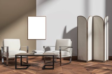 İki koltuklu dinlenme odası, kitaplı kahve masası, bej paneli, güneş ışığı. Boş tuval, çerçeveyi duvarda, 3 boyutlu biçimlendirme