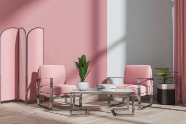 İki pembe koltuklu, kitaplı kahve masalı, parke zeminli paneli olan şık bir misafir odası. Minimalist rahatlama alanı ve dekorasyon, 3B görüntüleme