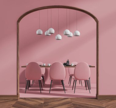 Işıl ışıl oturma odası altı pembe koltuk, yemek masası, kemer ve meşe ağacından parke zemin. Minimalist tasarım kavramı. Buluşup beklemek için rahat bir yer. 3d oluşturma