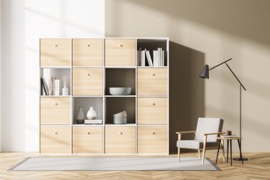 Okuma odasının içinde koltuk, kahve masasında lamba, rafta parke zemin var. Minimalist misafir alanı ve raf, 3B görüntüleme