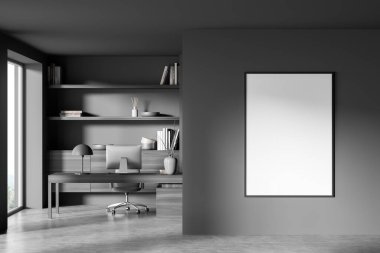 Gri ofis içi koltuklu ve masası bilgisayar ve lambayla dolu. Süslemeli ve pencereli raf, gri beton zemin. Tablo çerçevesini, 3 boyutlu görüntülemeyi düzenle