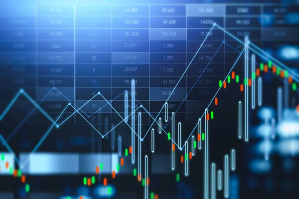 Borsa Dinamikleri Kırmızı Yeşil Şamdanlar Rakamlar Haritası Çizgileri Olan Mavi — Stok fotoğraf