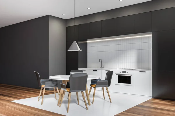 Donkere Keukenset Interieur Met Ronde Tafel Vier Zwarte Stoelen Witte — Stockfoto