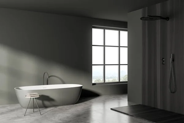 Bathing Room Interior Tub Table Towels Douche Wooden Floor Window — Stok fotoğraf