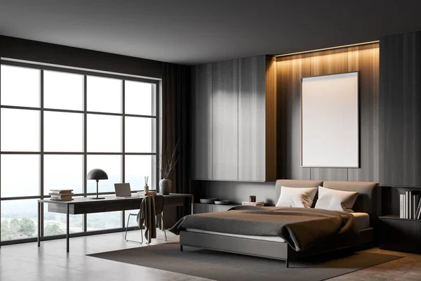 照明された壁のモックアップ 2つのニッチな棚 パノラマの窓 ホームオフィスデスク ベッド コンクリート床と暗い灰色の寝室のインテリアのコーナー 現代の家のデザインの概念 3Dレンダリング — ストック写真