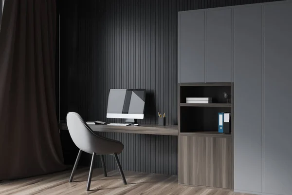 Arbeitsbereich Mit Grauem Minimalistischem Schrank Wandpaneelen Schreibtisch Bequemem Stuhl Und — Stockfoto